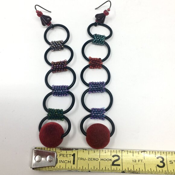 Handmade Long Black 'O' Shape Rubber Seed Bead Red Velvet Drop Dangle Earrings - Picture 10 of 13